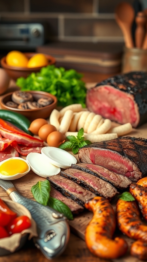 An assortment of meats, eggs, and fish showcasing the carnivore diet in a rustic kitchen.